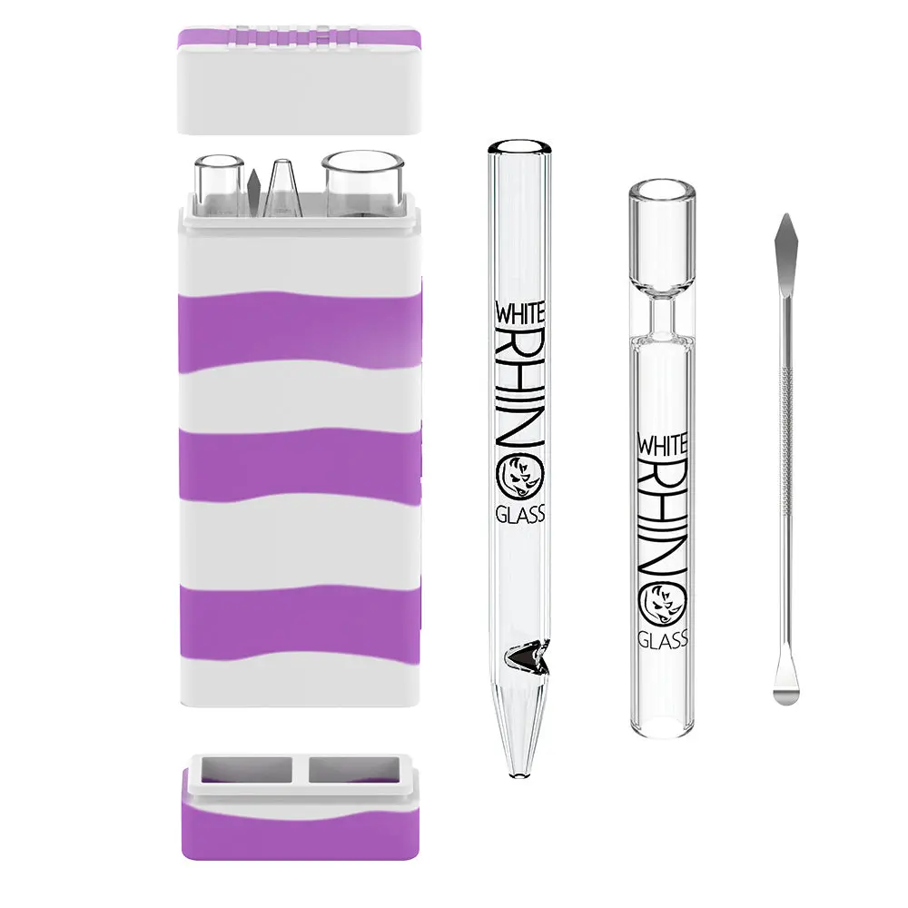 Dual Glow In The Dark Container With Quartz Glass Straw And Chillum - Purple 1