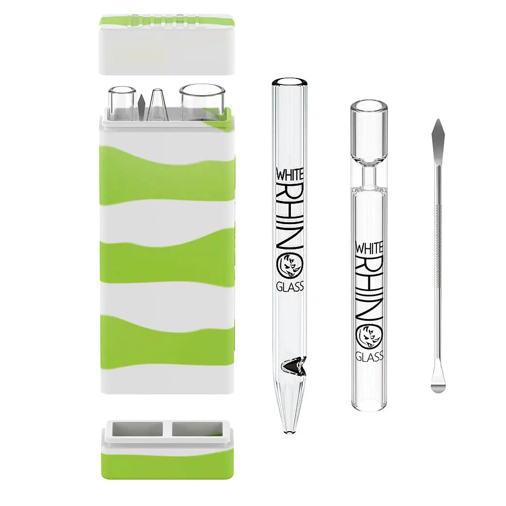 Dual Glow In The Dark Container With Quartz Glass Straw And Chillum - Green 1
