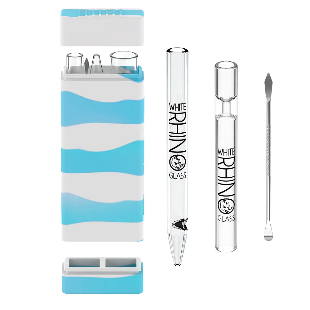 Dual Glow In The Dark Container With Quartz Glass Straw And Chillum - Blue 1