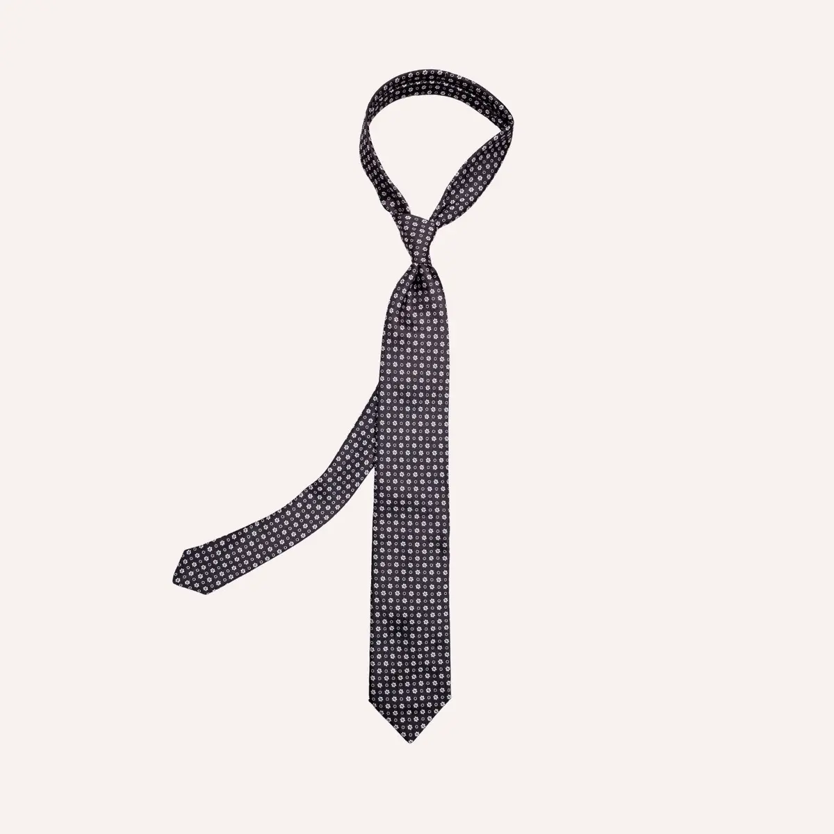 Black Flower Geometric Pattern Silk Tie 1