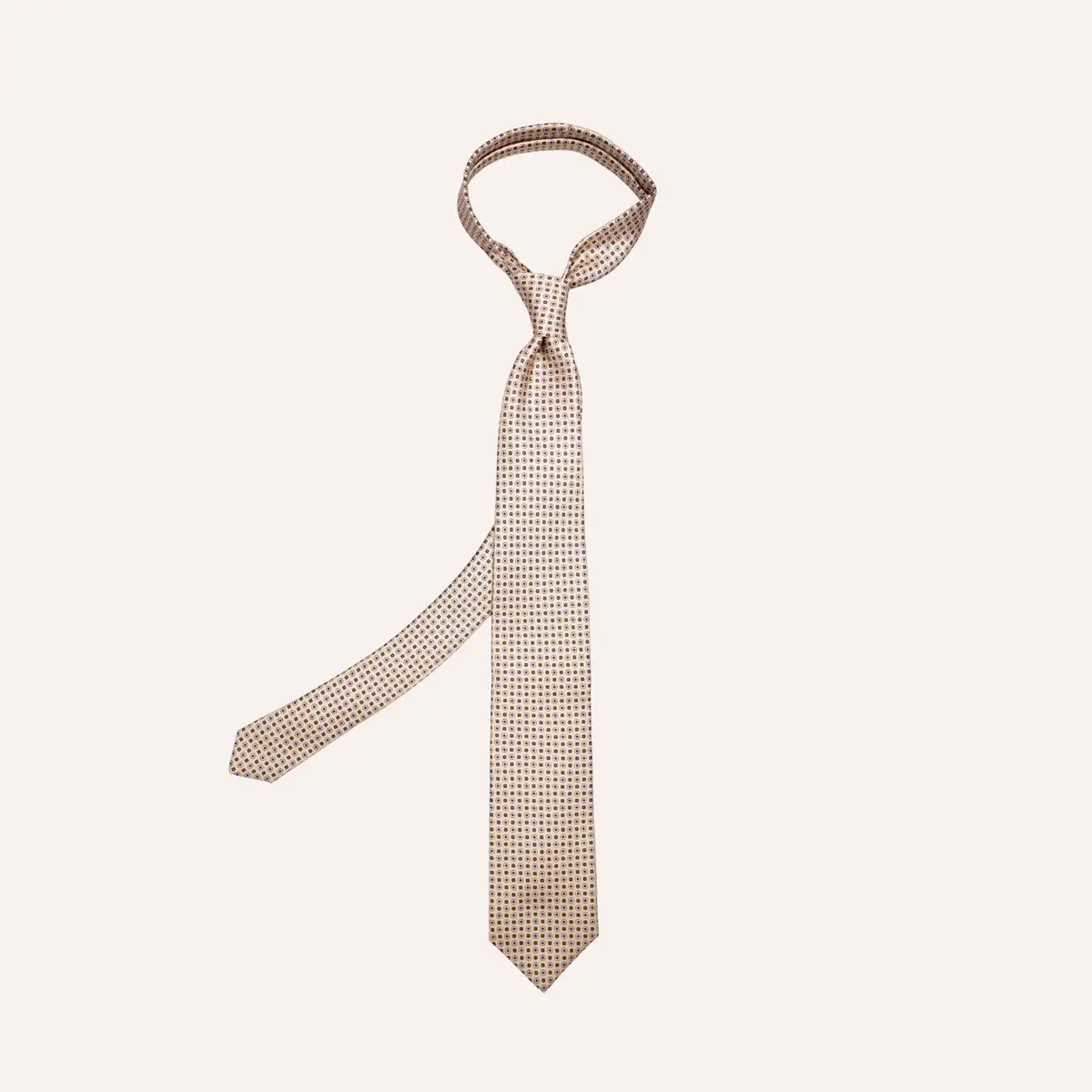 Beige Micro Flower Geometric Pattern Silk Tie 1