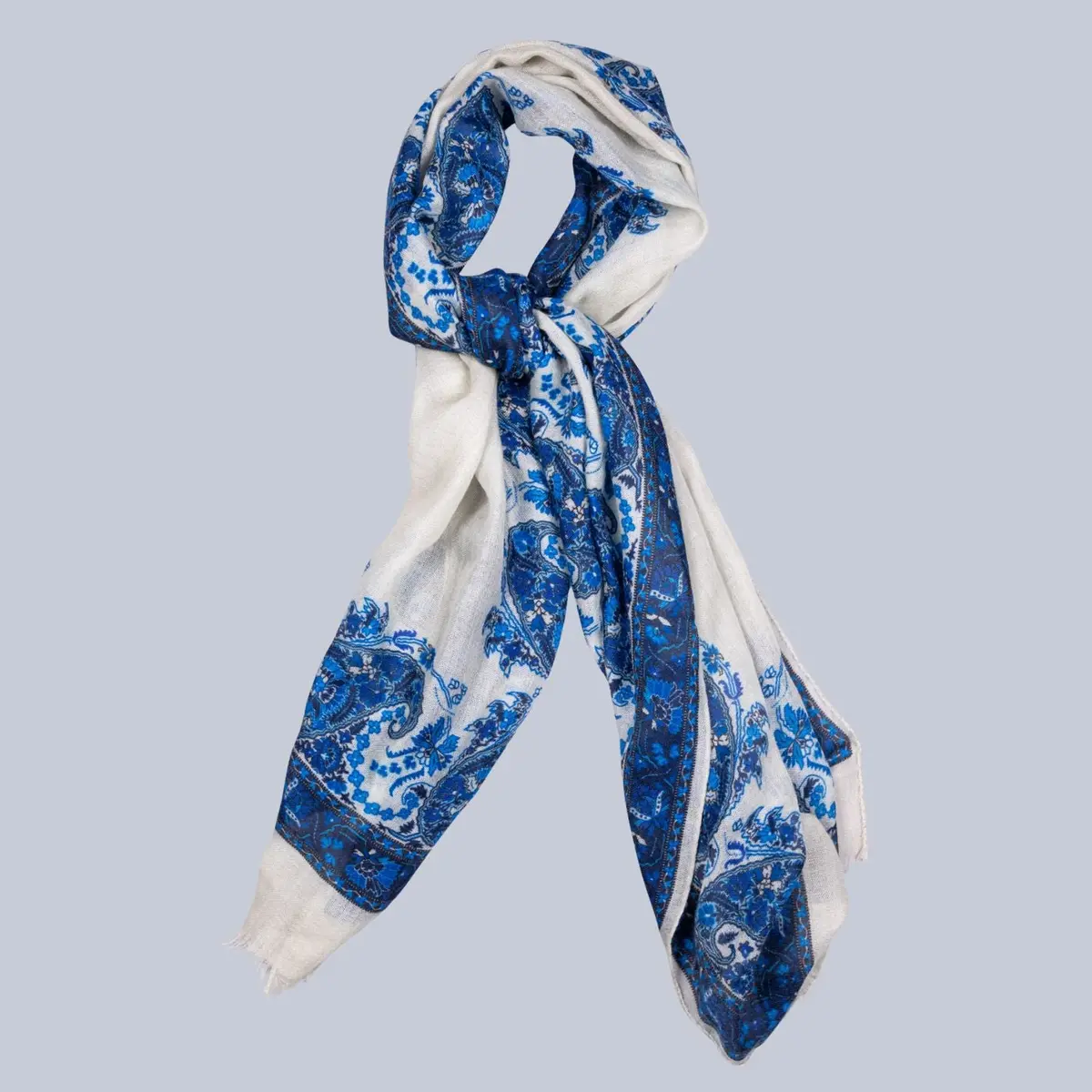 Beige & Blue Paisley Pattern Cashmere Scarf 1