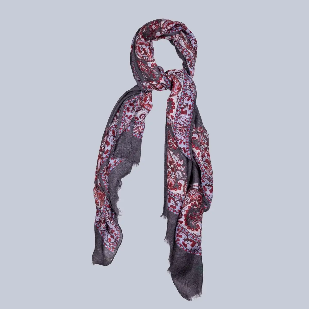 Grey Burgundy & White Paisley Pattern Cashmere Scarf 1