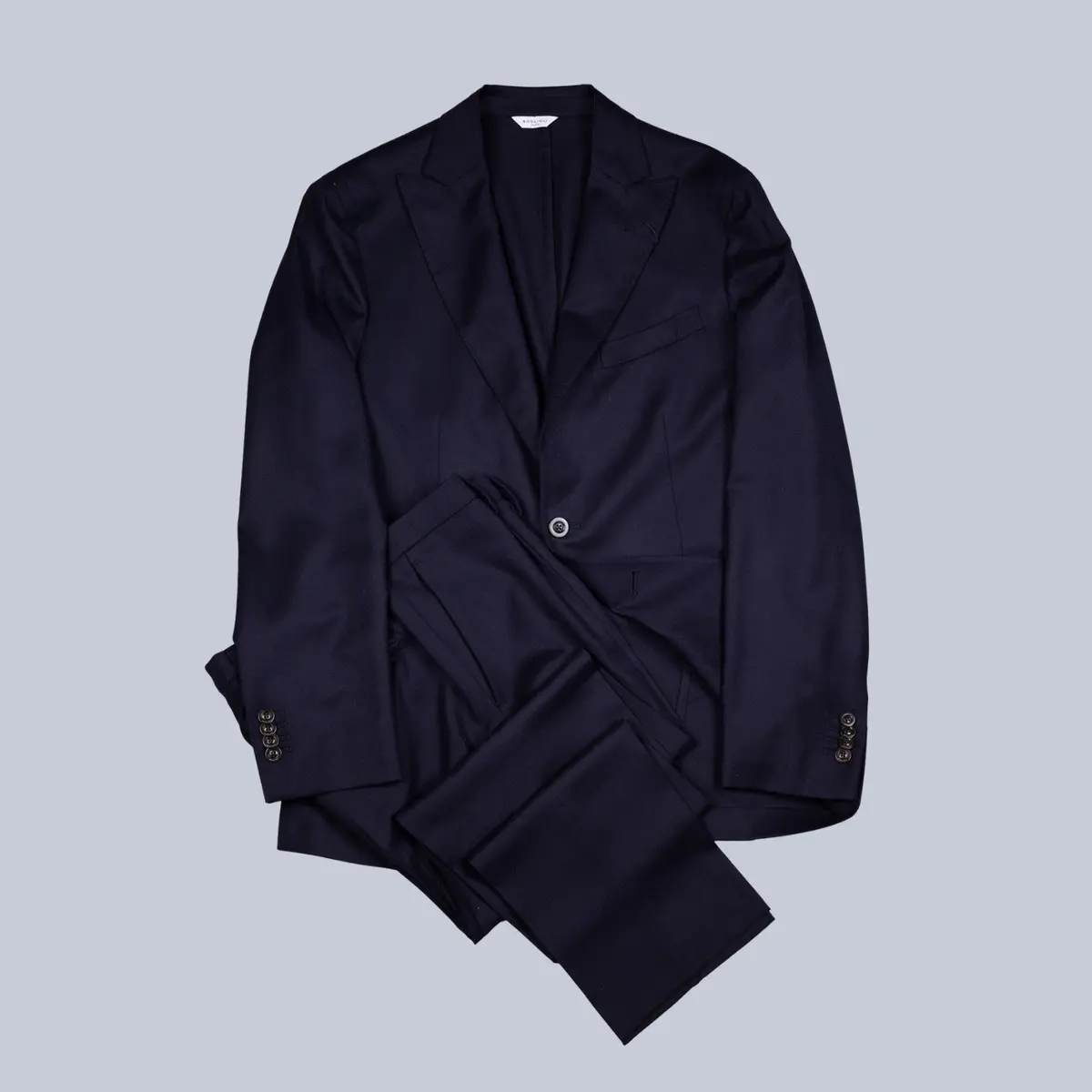 Navy Wool Silk Peak Lapel Suit 1
