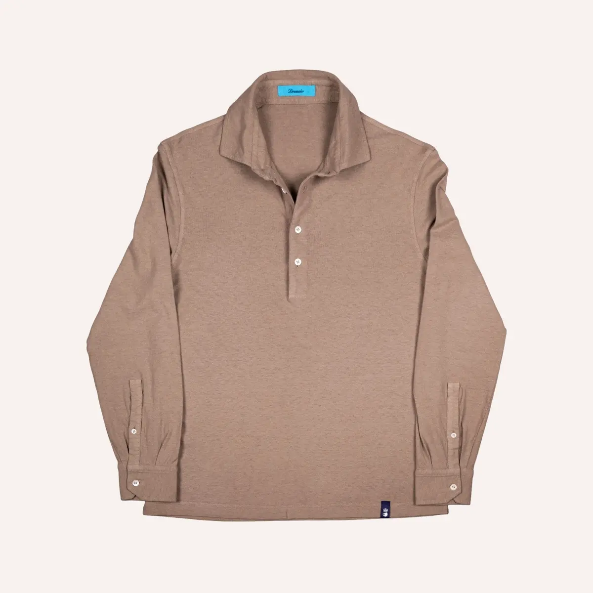 Taupe Cotton Linen Long Sleeve Polo Shirt 1