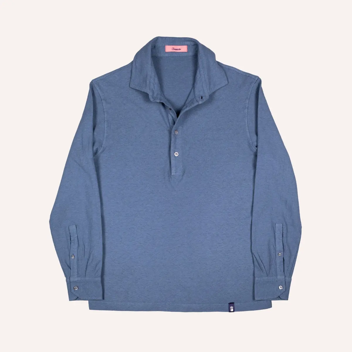 Prussian Blue Cotton Linen Long Sleeve Polo Shirt 1