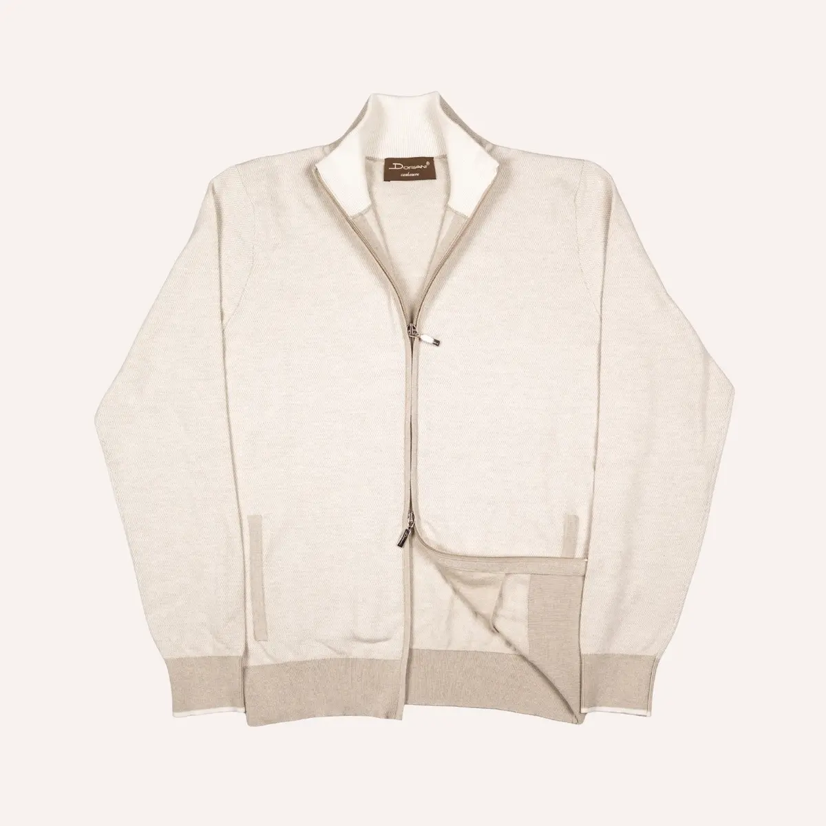 Beige Cotton Cashmere Full Zip Sweater 1