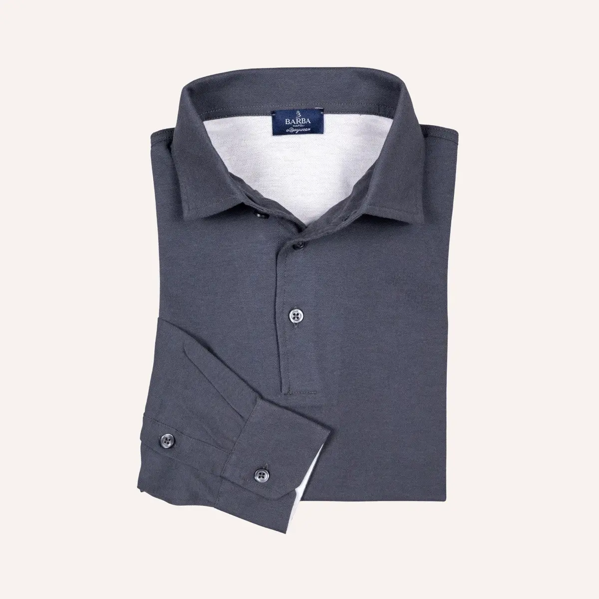 Stone Grey Jersey Long Sleeve Polo Shirt 1