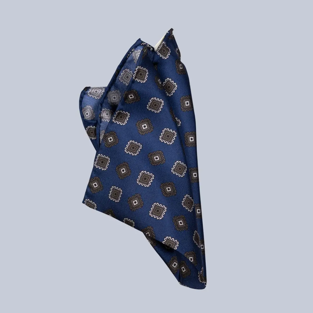 Navy Brown & Cream Medallion Pattern Pocket Square 1