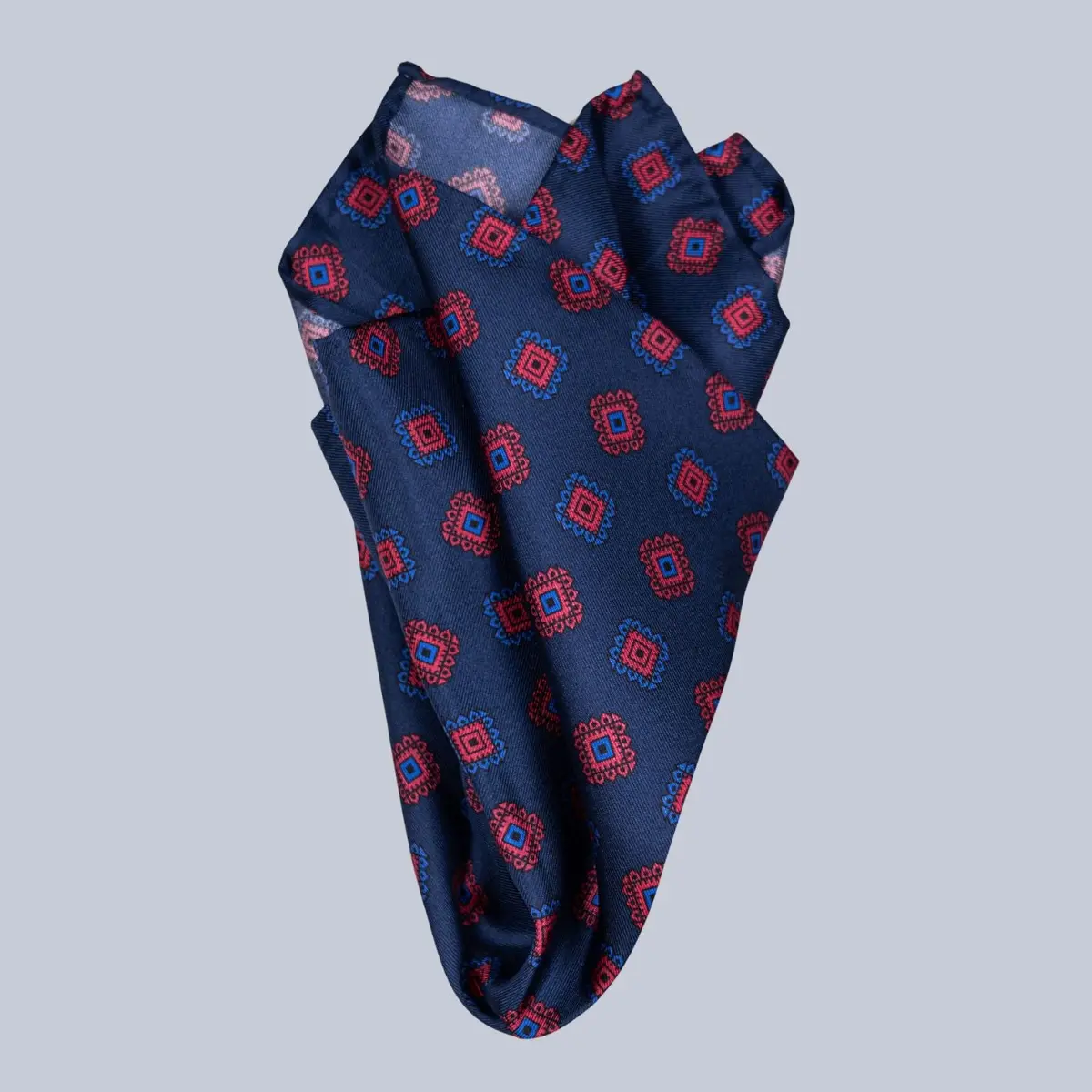 Navy Red & Blue Medallion Pattern Pocket Square 1