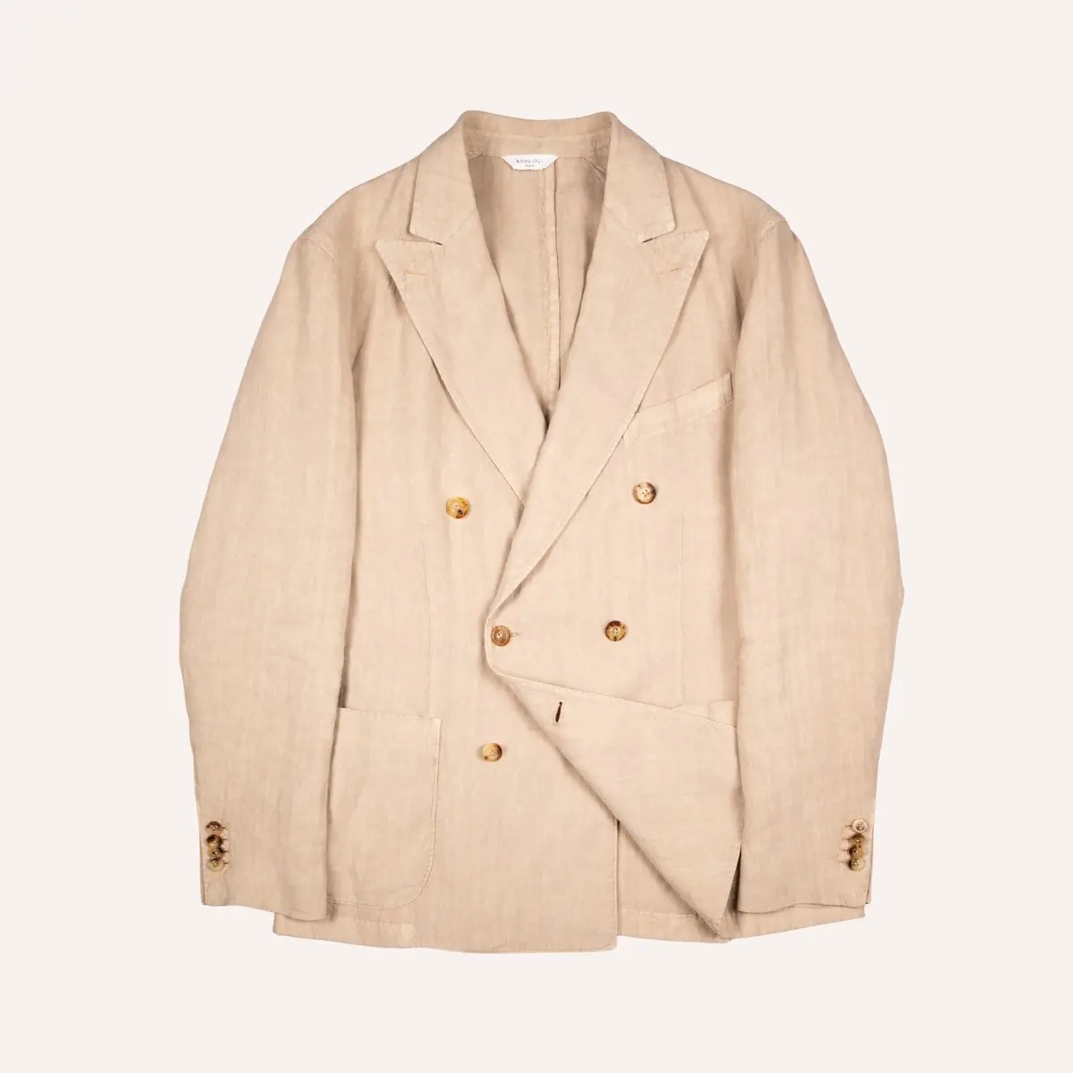 Khaki Beige Washed Linen Double-Breasted Blazer 1