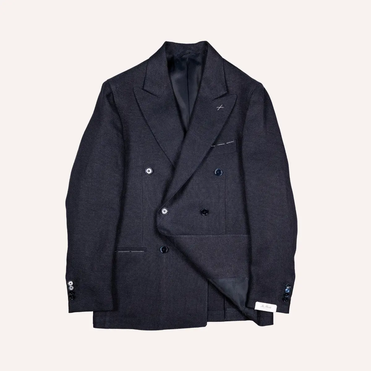 Navy Blue Double-Breasted Herringbone Linen Blazer 1
