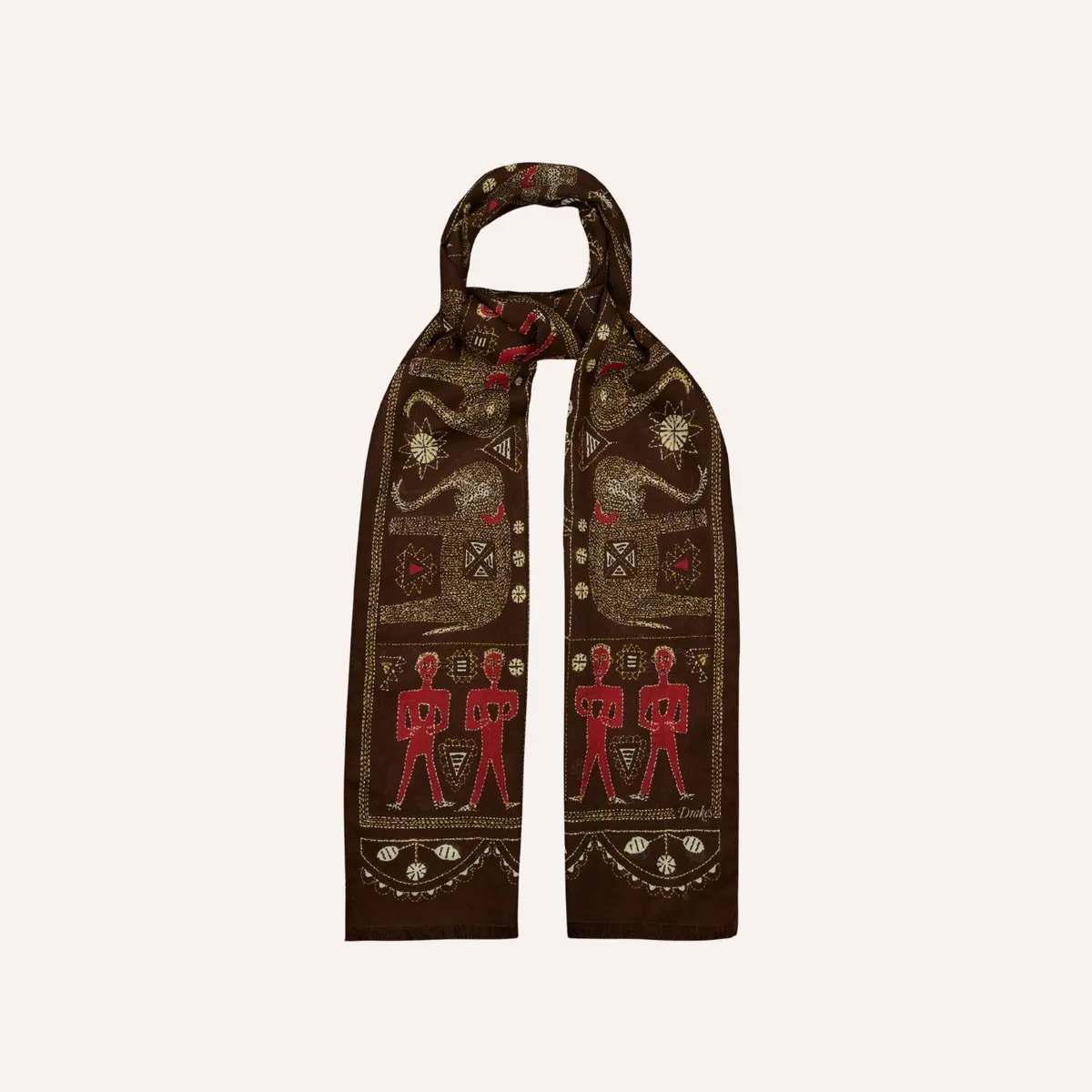 Brown Embroidered Elephant Print Wool Silk Scarf 1