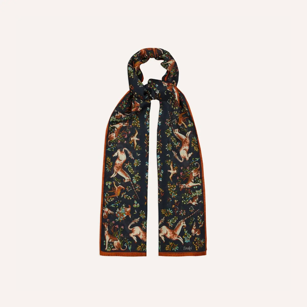Navy Unicorn Garden Print Wool Silk Scarf 1