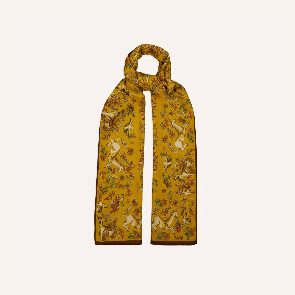 Yellow Unicorn Garden Print Wool Silk Scarf 1