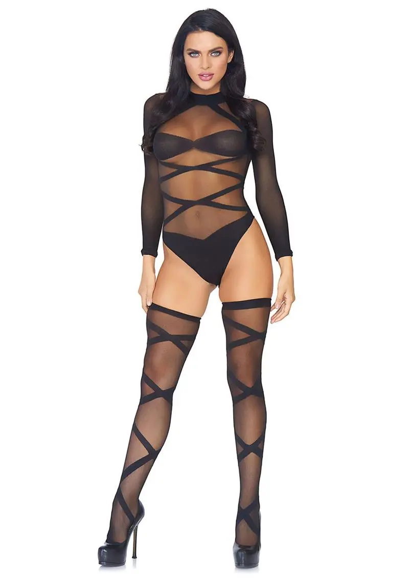 Leg Avenue Sheer Criss Cross Bodysuit With Matching Thigh High (2 Piece Set) - Os - Black 1