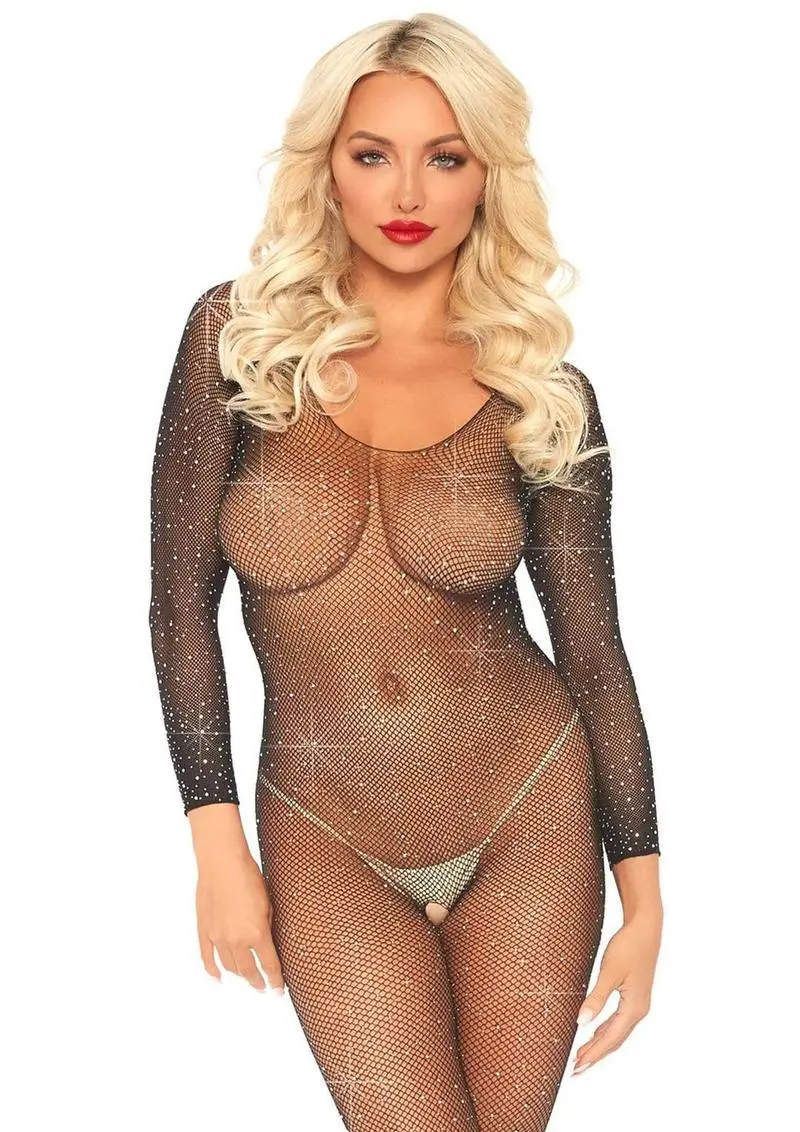 Leg Avenue Crystalized Seamless Fishnet Long Sleeved Bodysuit- Os - Black 1