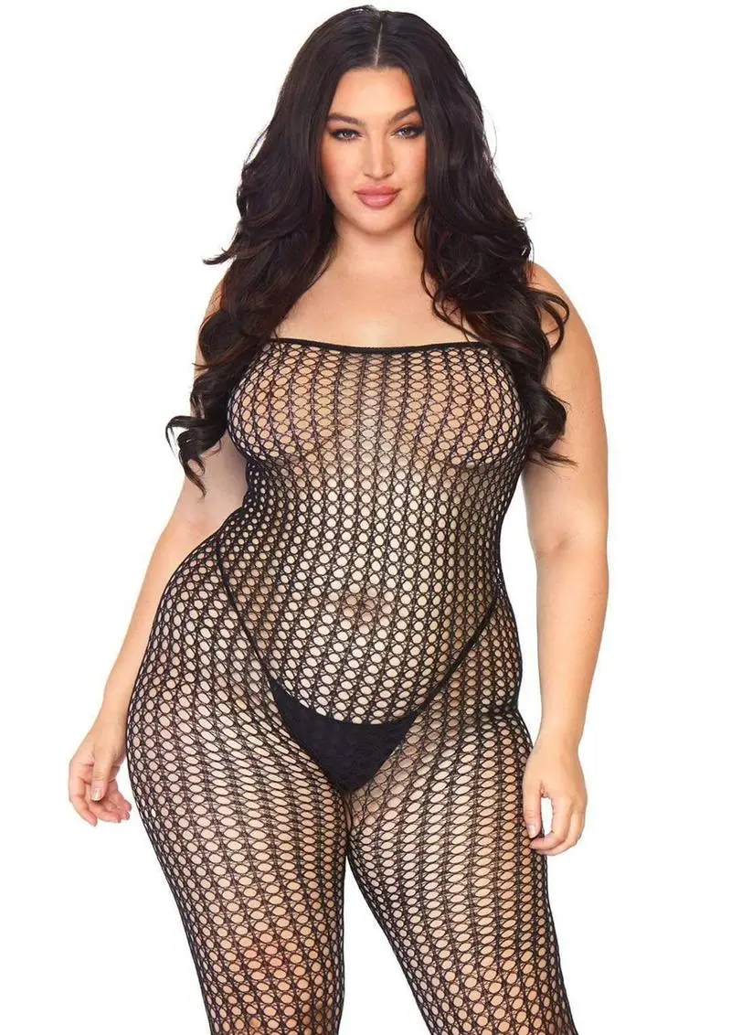 Leg Avenue Seamless Crochet Net Spaghetti Strap Bodystocking - Plus Size - Black 1