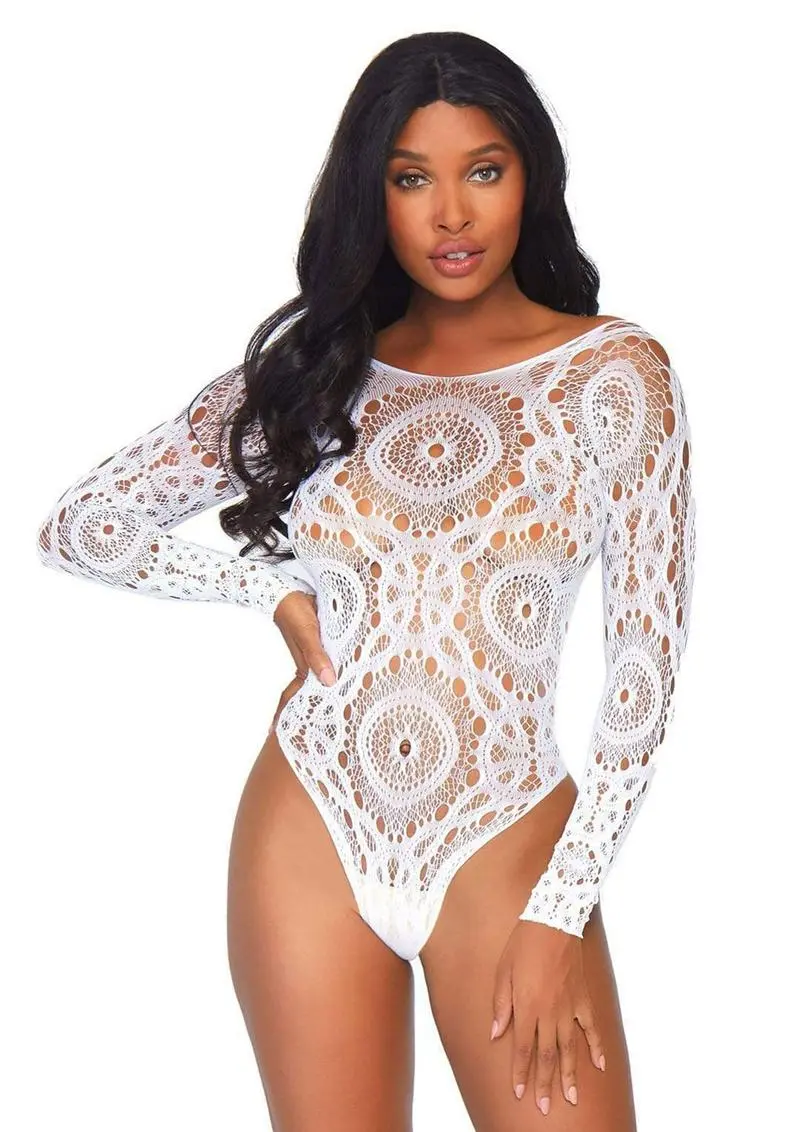 Leg Avenue Crochet Lace Long Sleeved Snap Crotch Thong Back Bodysuit - M/L - White 1