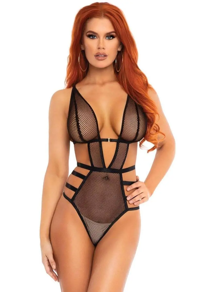 Leg Avenue Fishnet Cut Out Strappy G-String Teddy With Adjustable Straps - Small - Black 1