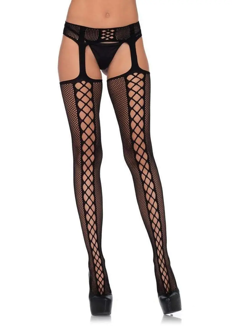 Leg Avenue Faux Lace Up Dual Net Backseam Stockings With Attached Garterbelt - Black 1