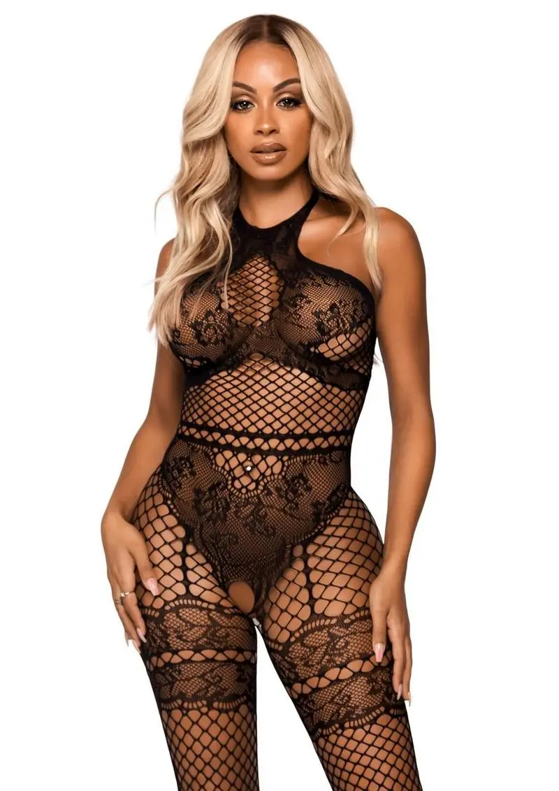 Leg Avenue Seamless Industrial Net Halter Bodystocking With Faux Lace Lingerie Detail - Os - Black 1