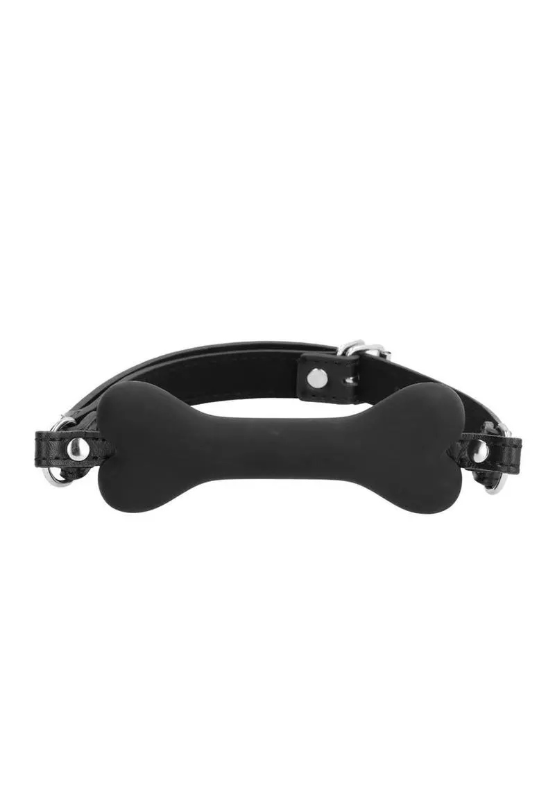 Ouch! Silicone Bone Gag With Adjustable Bonded Leather Straps - Black 1