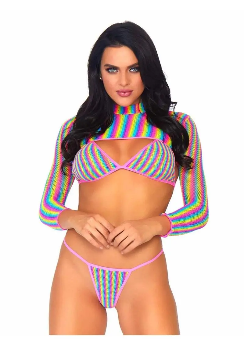 Leg Avenue Rainbow Fishnet Bikini Top, G-String, And Long Sleeved Crop Top (3 Piece) - Os - Multicolor 1