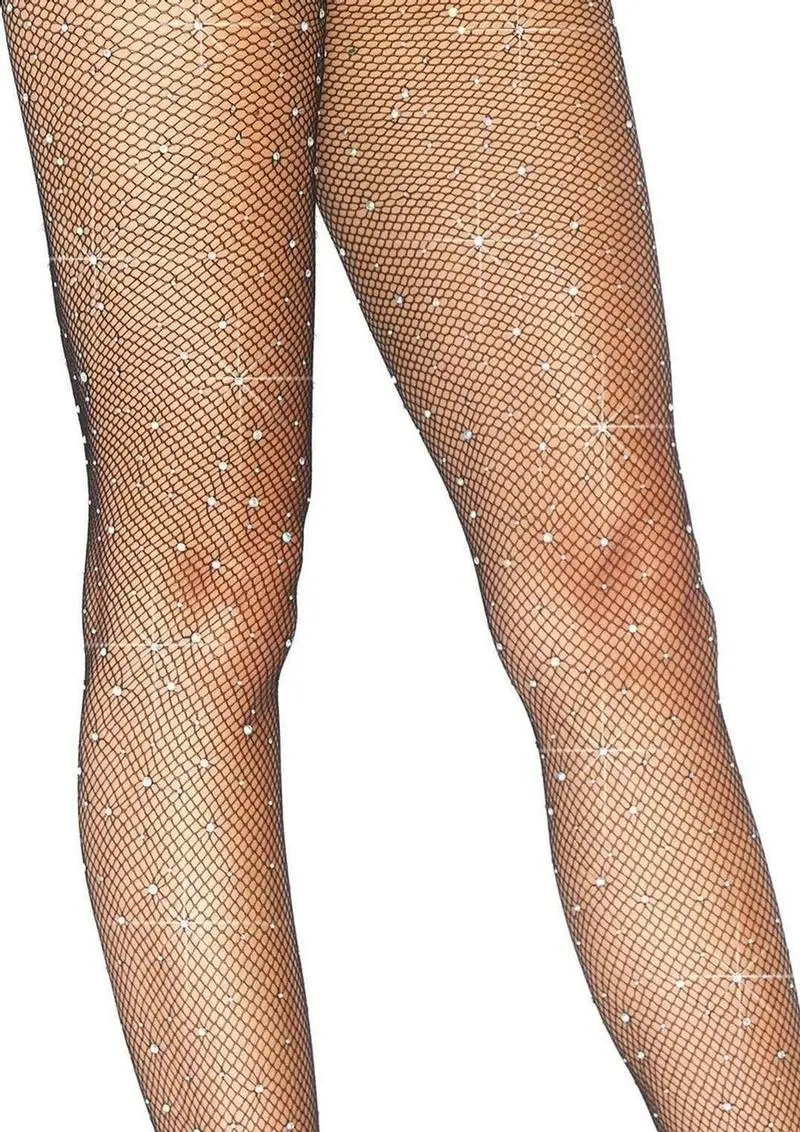 Leg Avenue Fishnet Crystalized Tights With Multi-Sized Iridescent Rhinestones - Os - Black 1