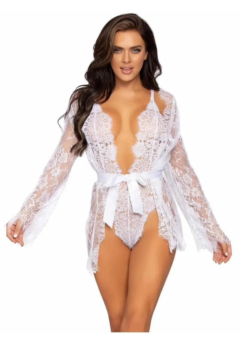 Leg Avenue Floral Lace Teddy With Adjustable Straps And Cheeky Thong Back Matching Lace Robe With Scalloped Trim And Satin Tie - Small - White 1