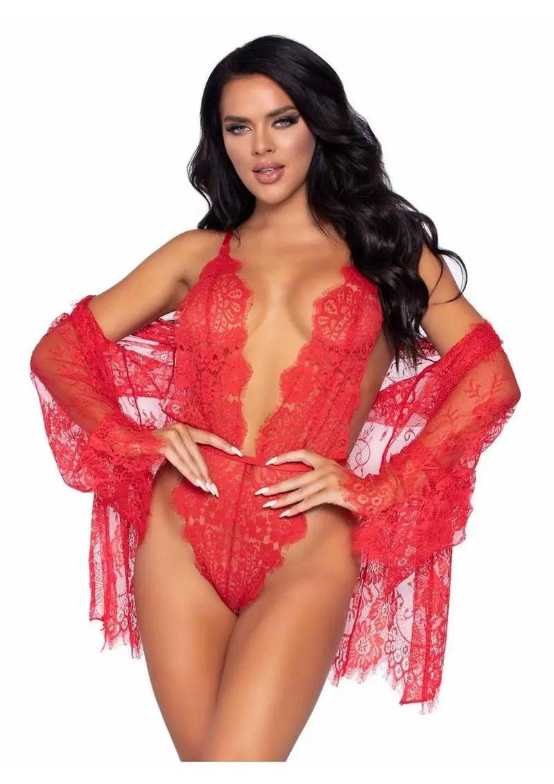 Leg Avenue Floral Lace Teddy With Adjustable Straps And Cheeky Thong Back Matching Lace Robe With Scalloped Trim And Satin Tie (3 Pieces) - Medium - Red 1