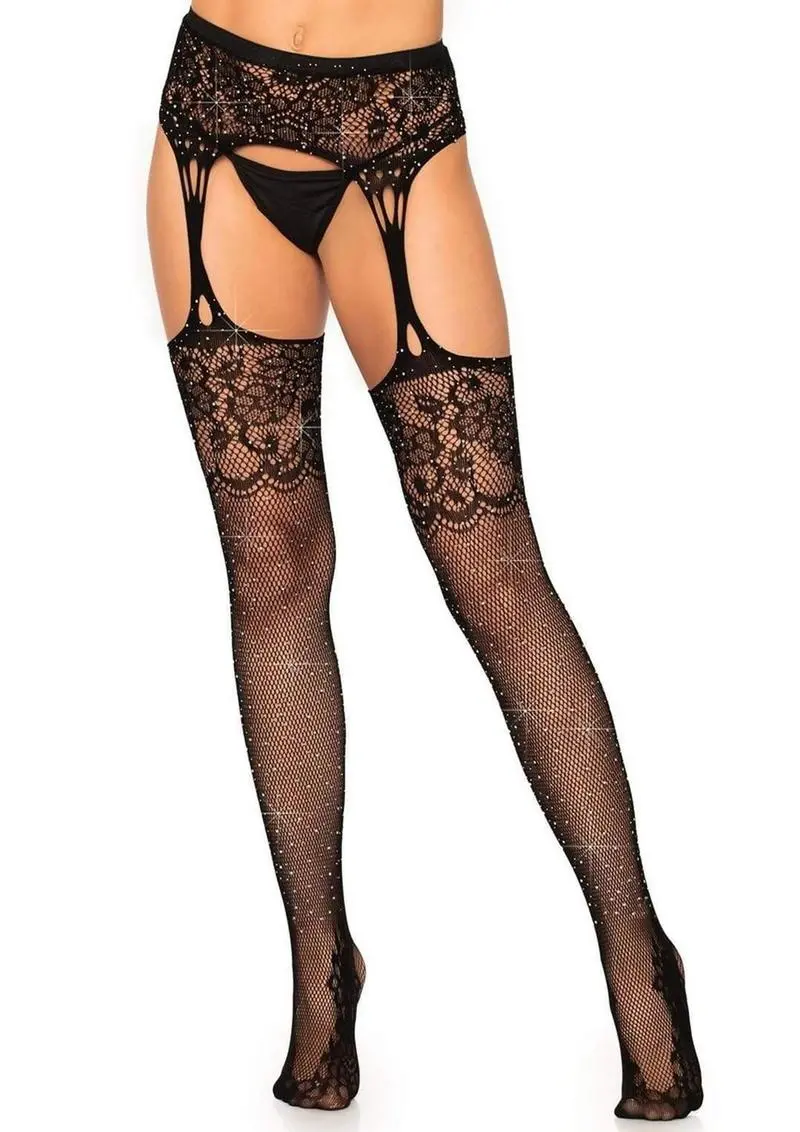 Leg Avenue Rhinestone Lace Top Fishnet Stockings With Lace Foot And Attached Garter Belt - Os - Black 1