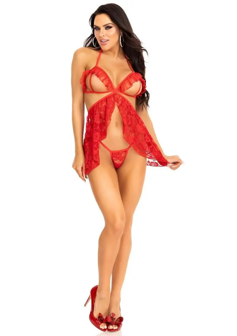Leg Avenue Lace Flyaway Babydoll With Ruffle Peek-A-Boo Cups And Lace G-String (2 Piece) - Small - Red 1