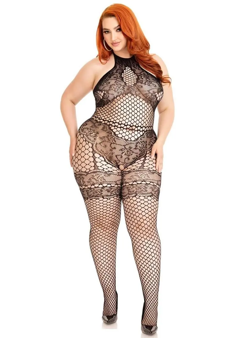 Leg Avenue Seamless Industrial Net Halter Bodystocking With Faux Lace Lingerie Detail - 1X/2X 1