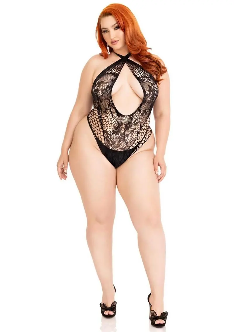 Leg Avenue Lace And Net Keyhole Crossover Halter Teddy - 1X/2X - Black 1