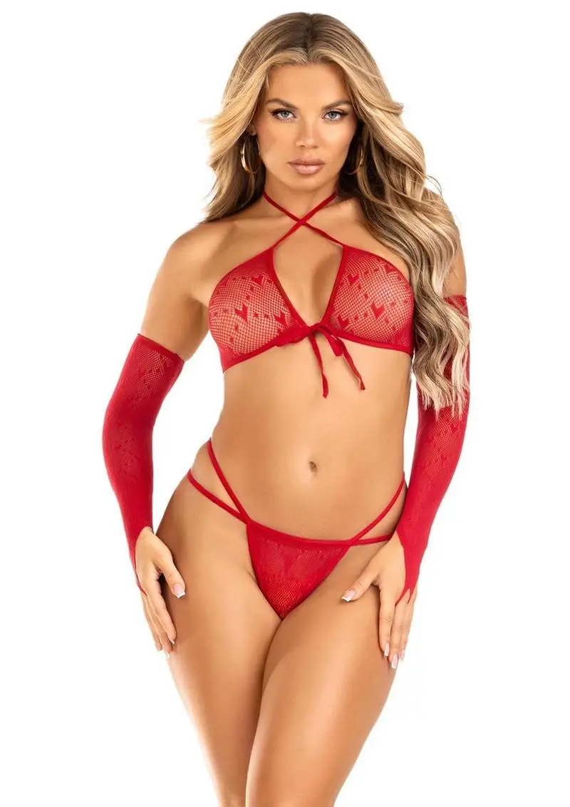 Leg Avenue Mini Heart Net Keyhole Crossover Crop Top, Dual Strap G-String, And Gauntlet Gloves - Os - Red 1