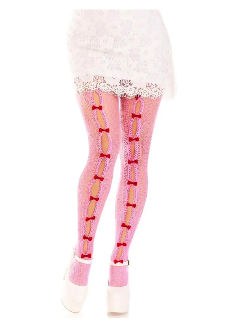 Leg Avenue Sweetheart Striped Net Tights With Keyhole And Mini Bow Detail  Pink 1