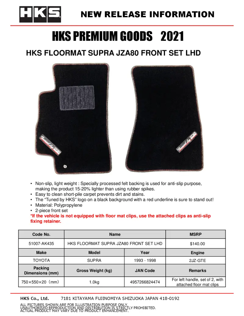 Hks 93-02 Toyota Jza80 Supra Front Floormat Set - Lhd 1