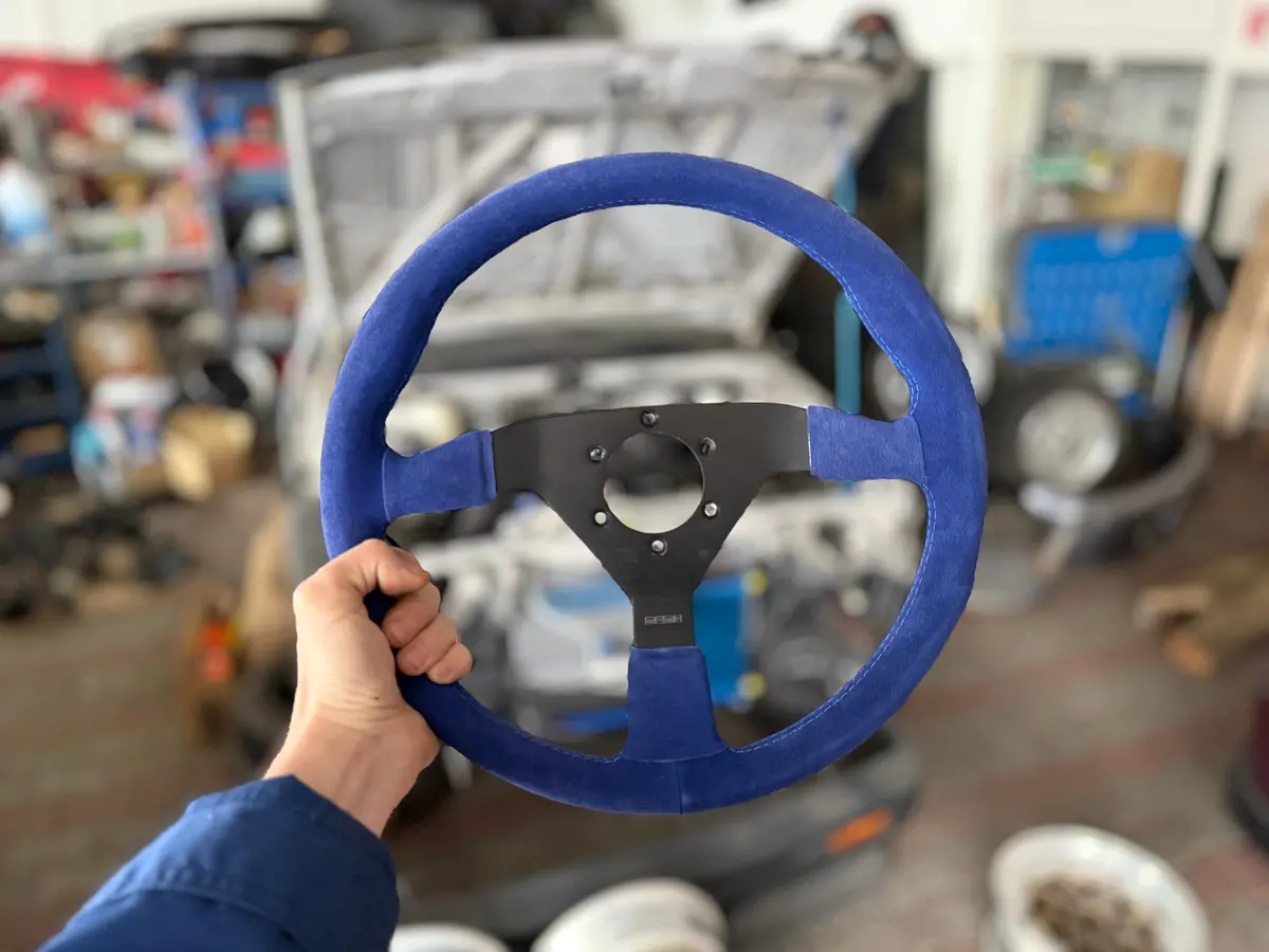 Momo V35 Blue Suede Steering Wheel 1