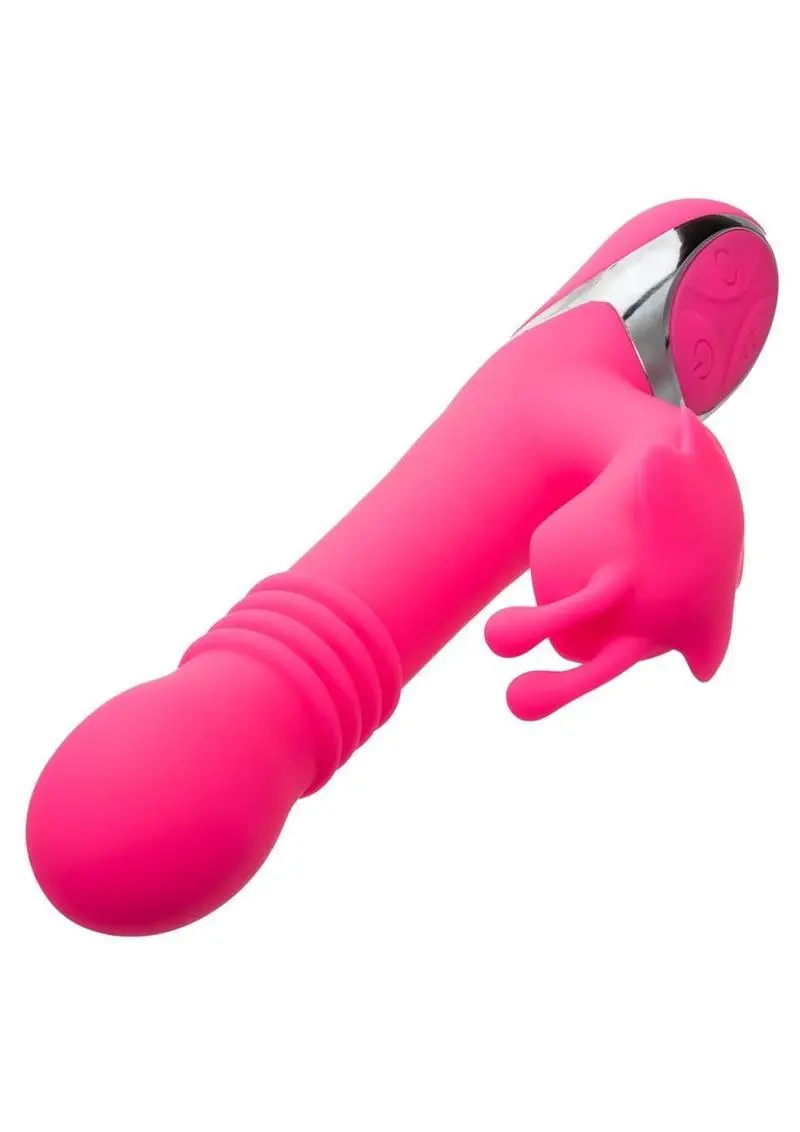 Enchanted Kissing Butterfly Rechargeable Silicone Thrusting And Rotating Vibrator With Clitoral Stimulator - Pink 1