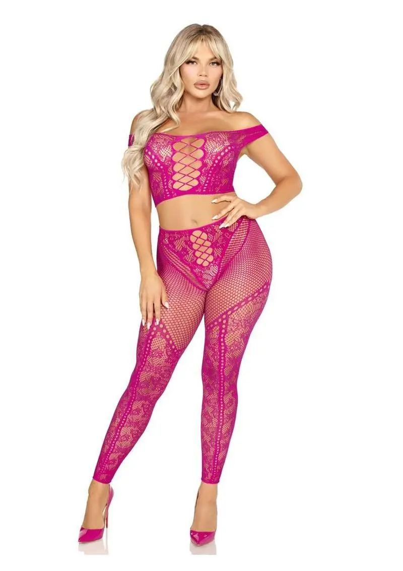 Leg Avenue Net And Lace Off-The-Shoulder Crop Top And Footless Tights (2 Piece) 1