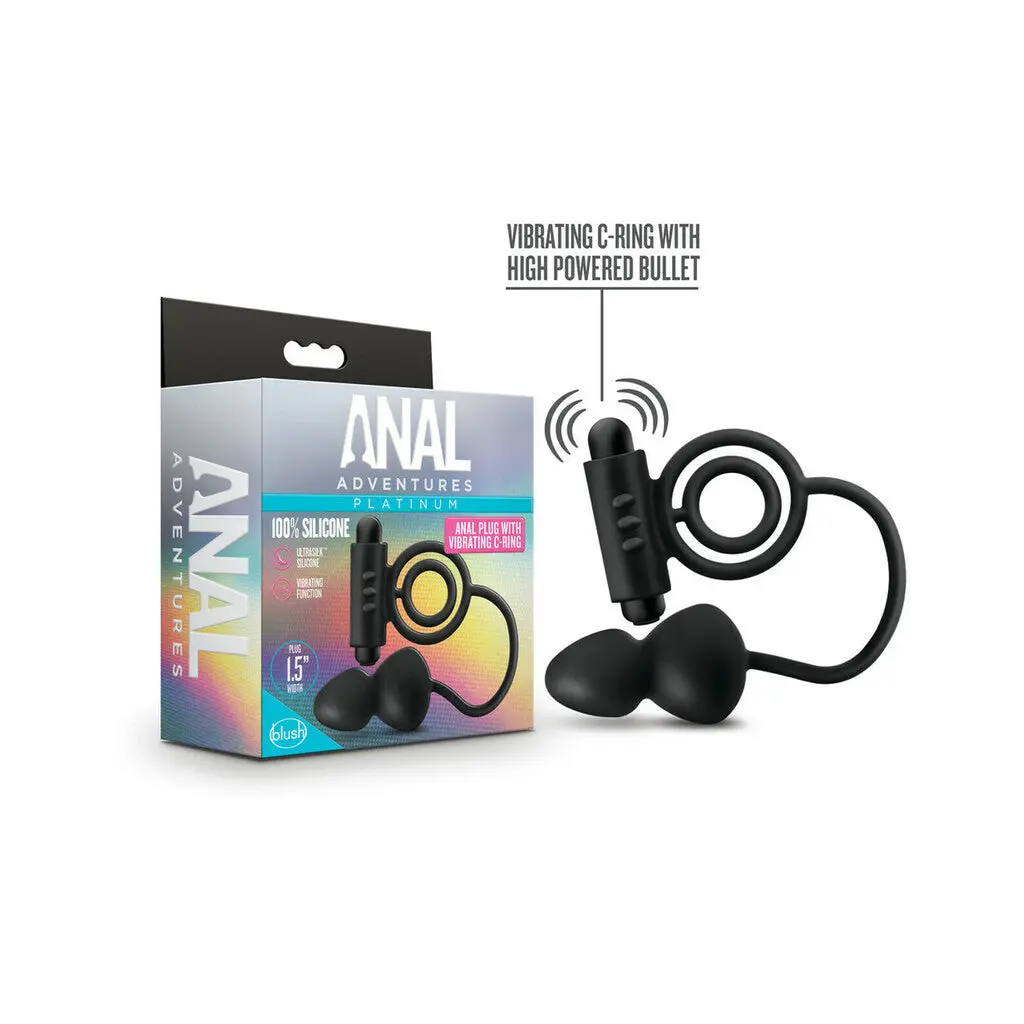 Anal Adventures Platinum - Silicone Anal Plug With Vibrating C-Ring - Black 1