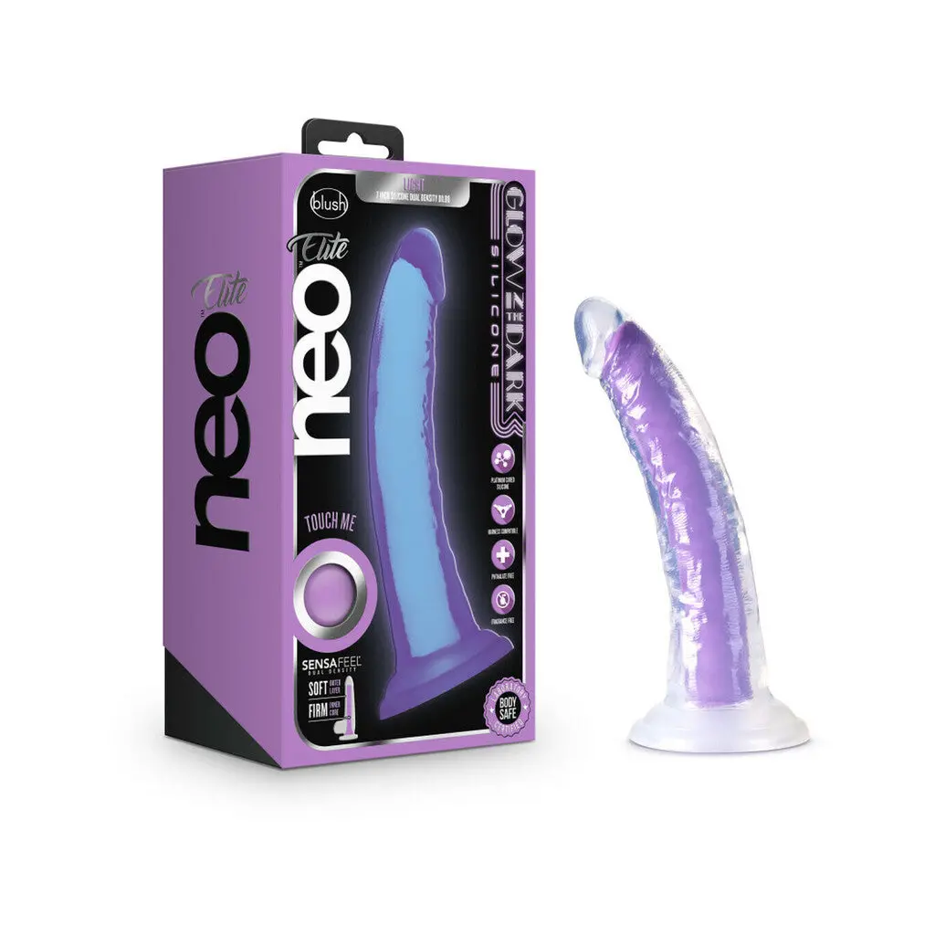 Neo Elite - Glow In The Dark - Light - 7 Inch Silicone Dual Density Dong - Neon Purple 1
