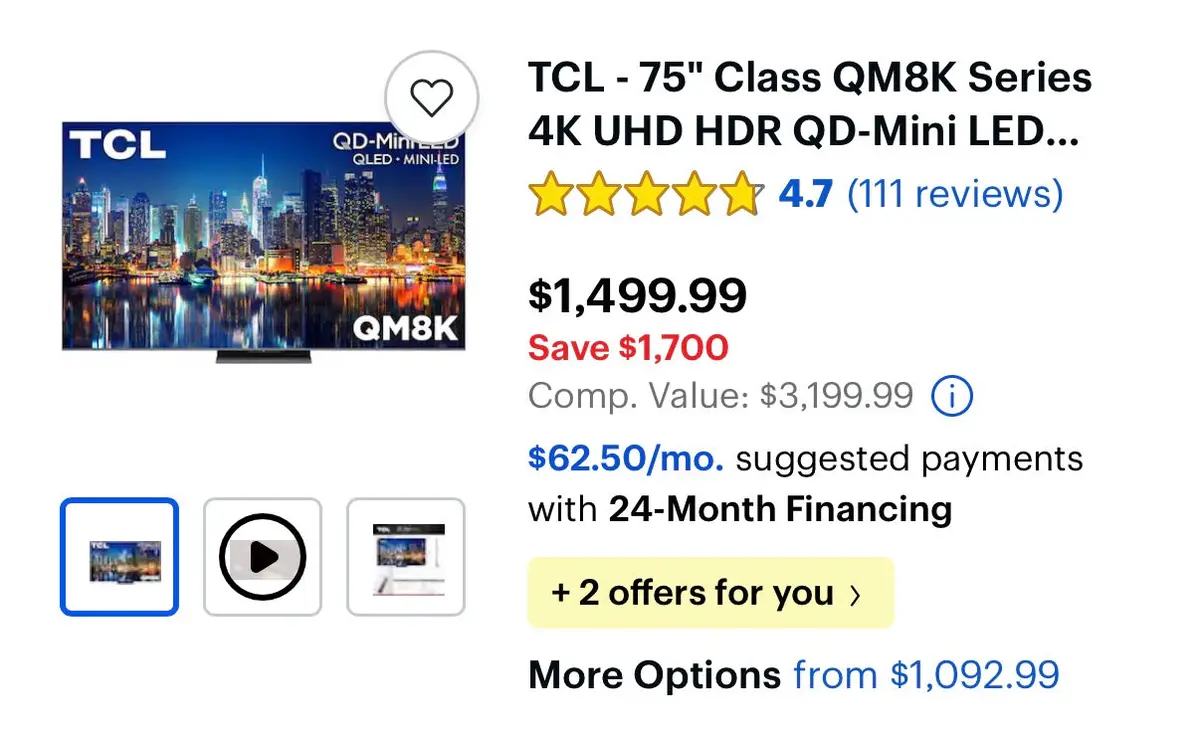 (Entry) Tcl - 75” Qd Mini Led - Qm8k Tv 4K 1