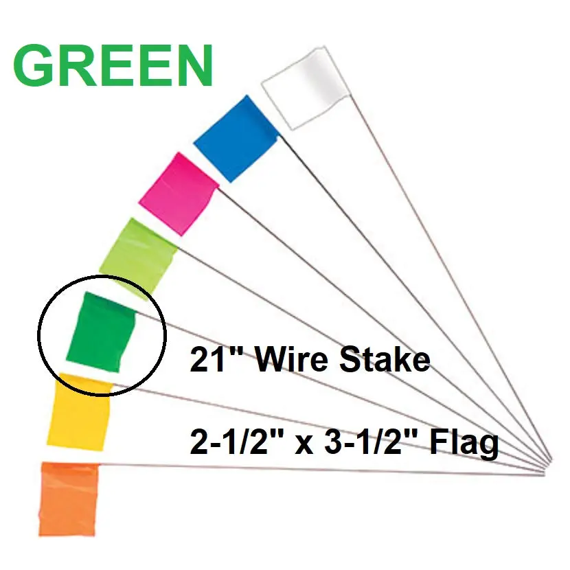 100 Wire Marking Flags, 2.5" X 3.5" Green Polyethylene 3 Mil Flag, 21" Long Wire 1