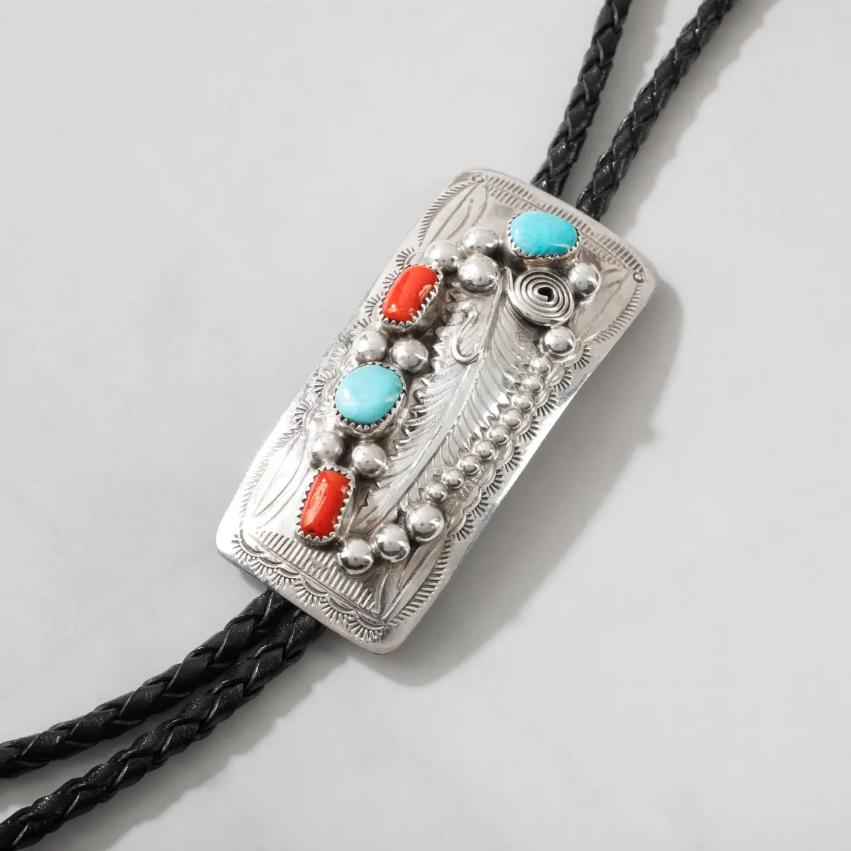 Wilbert Musket Kingman Tuquoise & Coral Navajo Usa Native American Made 925 Sterling Silver Bolo Tie 1