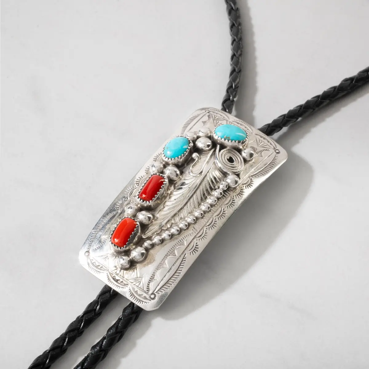 Wilbert Musket Kingman Tuquoise & Coral Navajo Usa Native American Made 925 Sterling Silver Bolo Tie 1