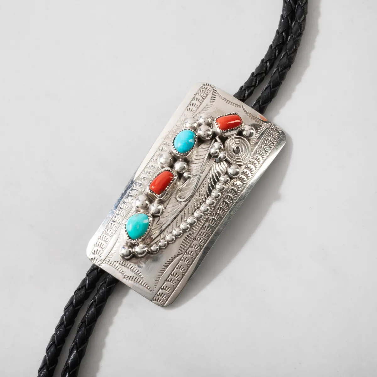 Wilbert Musket Kingman Tuquoise & Coral Navajo Usa Native American Made 925 Sterling Silver Bolo Tie 1