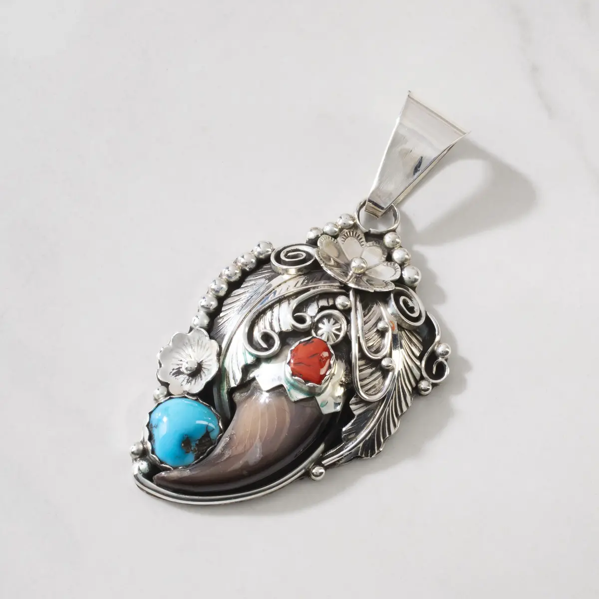 Sleeping Beauty & Coral Bear Claw Navajo Usa Native American Made 925 Sterling Silver Pendant 1
