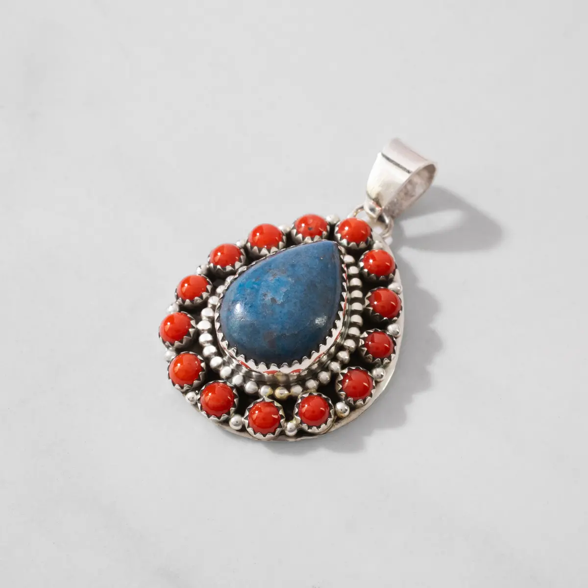 Bea Tom Denim Lapis & Coral Navajo Usa Native American Made 925 Sterling Silver Pendant 1
